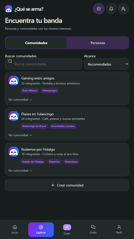 Comunidades de ejemplo en la pantalla Explorar de la app