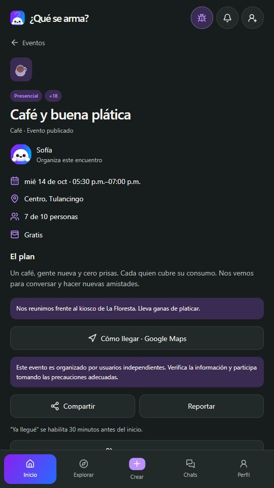 Detalle de un evento de ejemplo, con fecha, cupo y opciones para participar